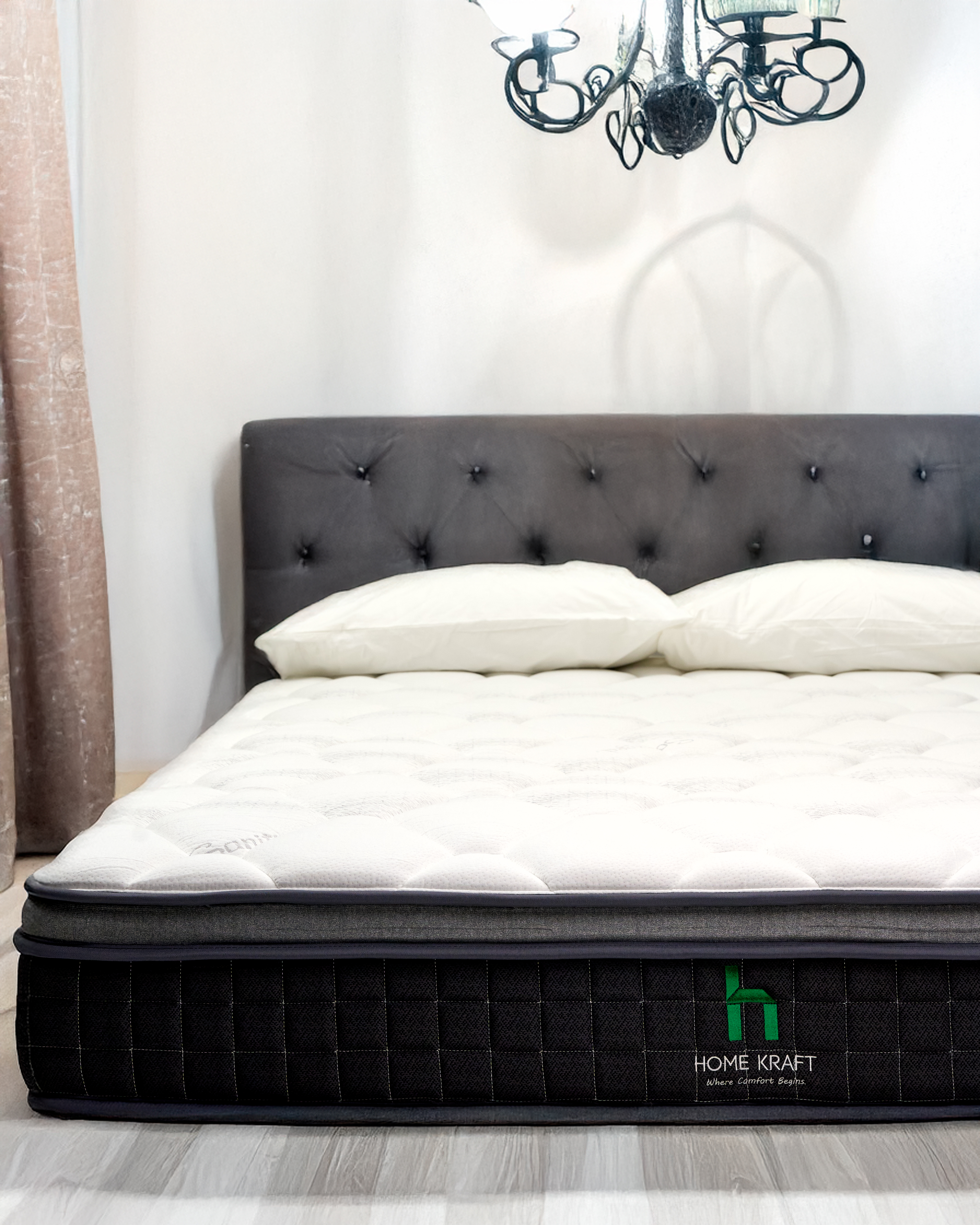 Elegant bedroom styled with Home Kraft pillows and bedding